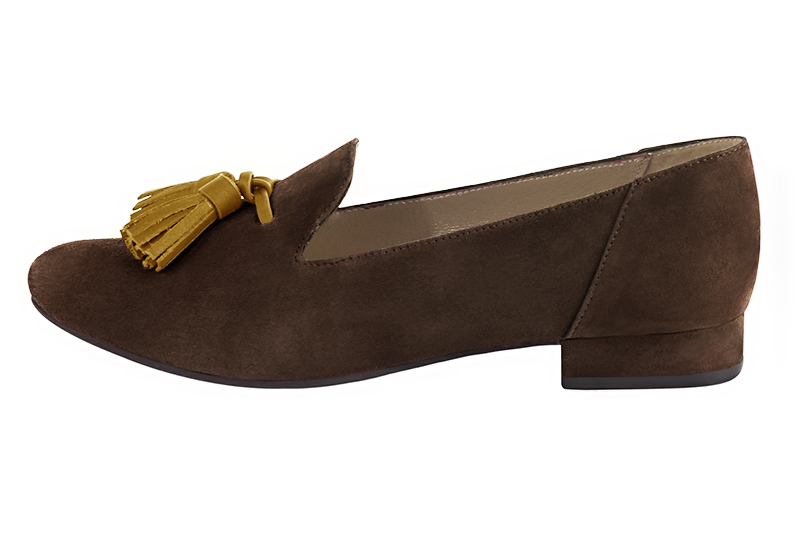 Chocolate brown and mustard yellow women's loafers with pompons. Round toe. Flat block heels. Profile view - Florence KOOIJMAN